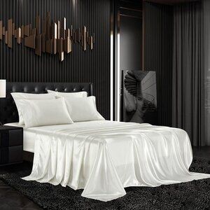 6 Piece Satin Bedding Sheet Set Queen Off White Deep Pocket 1800 Series Luxury